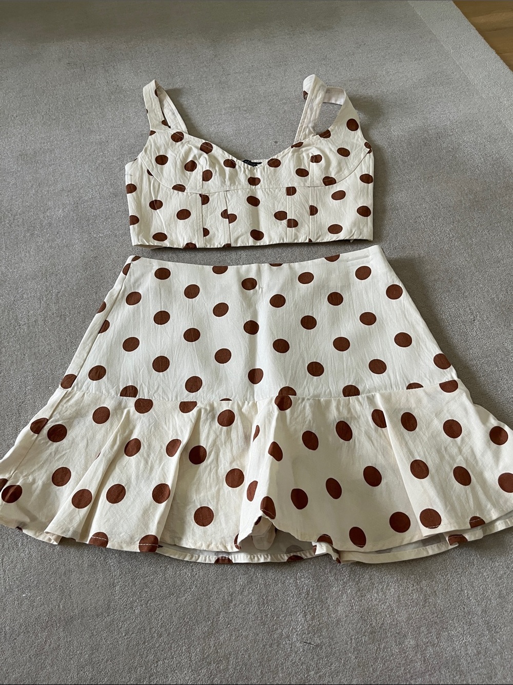 Zara Cream Two-Piece Polka Dot Skirt Set with Brown Dots